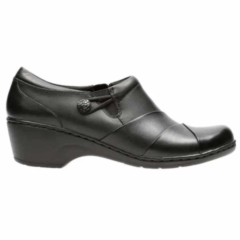 Clarks Channing Ann Slip-On Loafer Black Leather with Black Button Detail 8.5